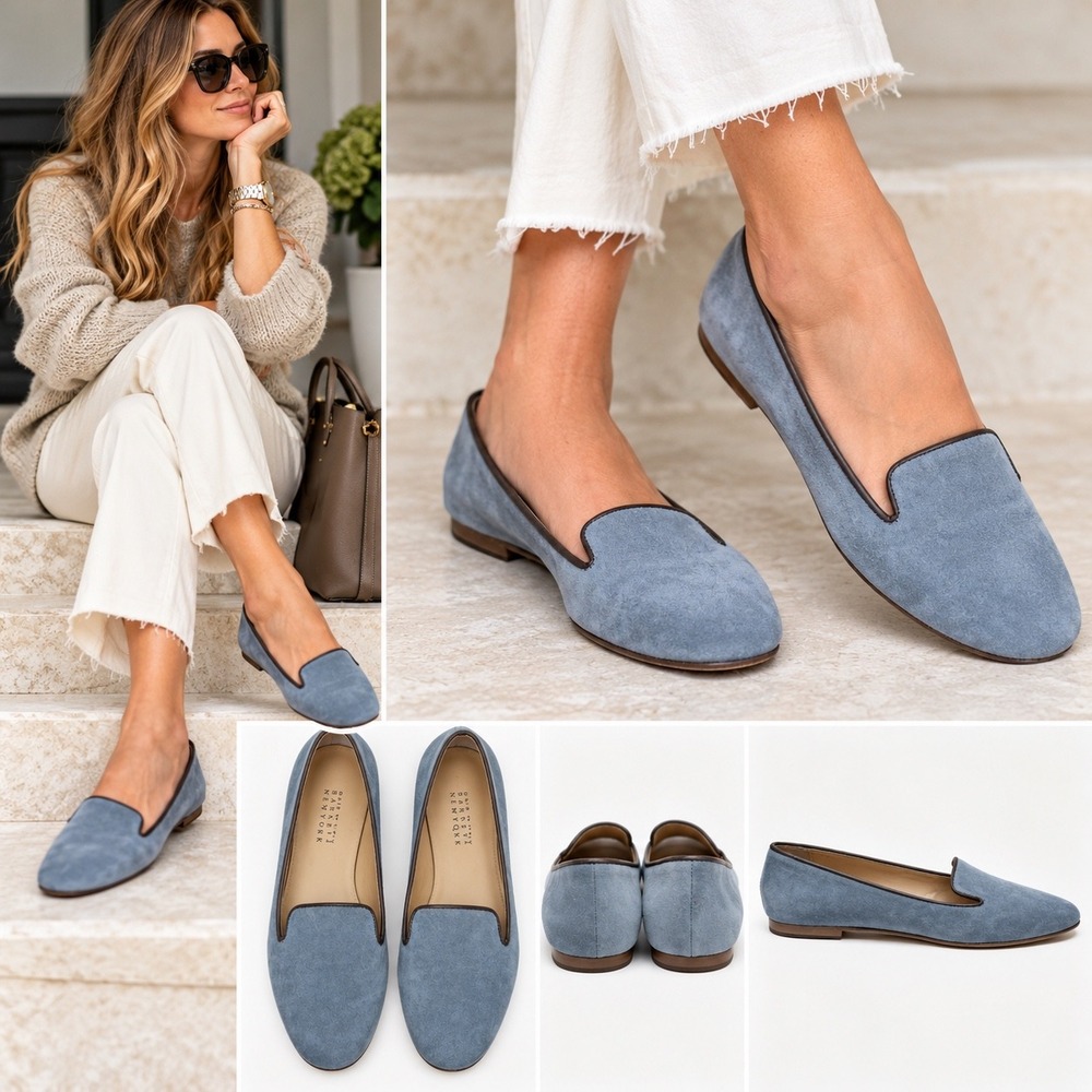 Barneys New York Suede Smoking Slippers Flats 39 Blue Gray Made in Italy